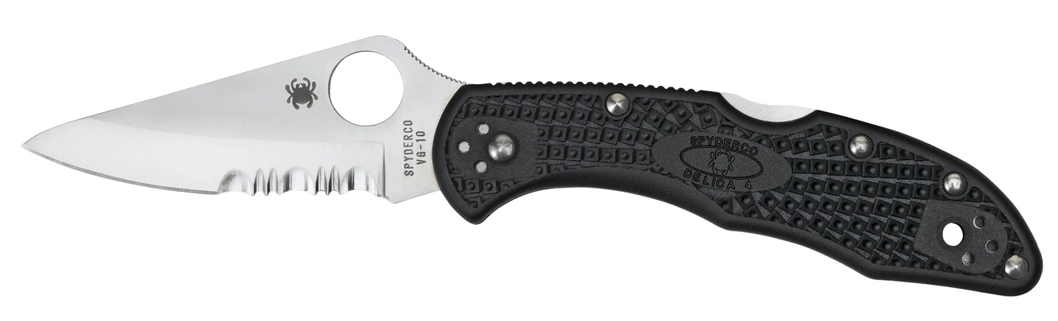 Spyderco C11PSBK Delica 4  2.88" Folding Drop Point Part Serrated VG-10 SS Blade, Black Textured FRN Handle, Includes Pocket Clip