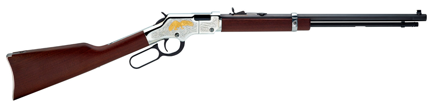 Henry H004GE Golden Eagle Full Size 22 Short, 22 Long, 22 LR, 16 LR/21 Short 20" Blued Octagon Barrel, Nickel-Plated Metal Finish, American Walnut Stock Right Hand