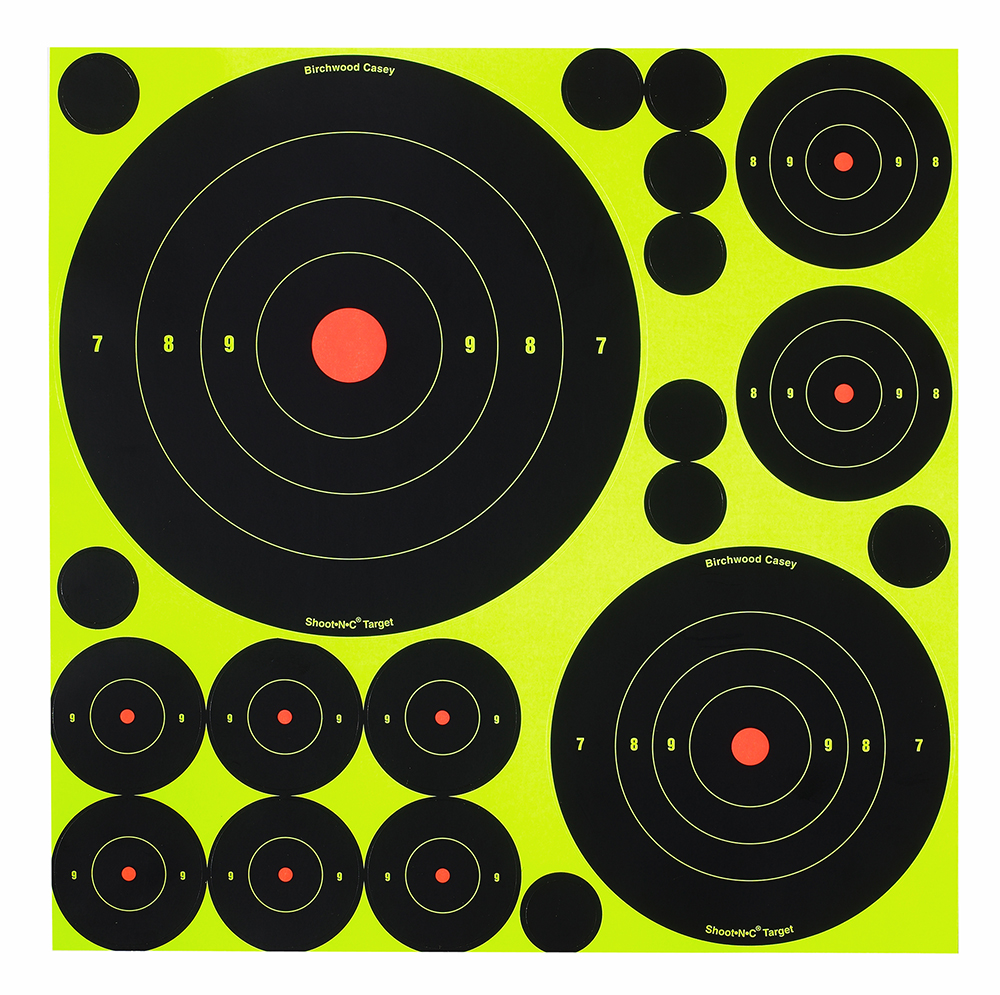Birchwood Casey 34018 Shoot-N-C Reactive Target Variety Pack Self-Adhesive Paper Black/Yellow Bullseye 50 Pack