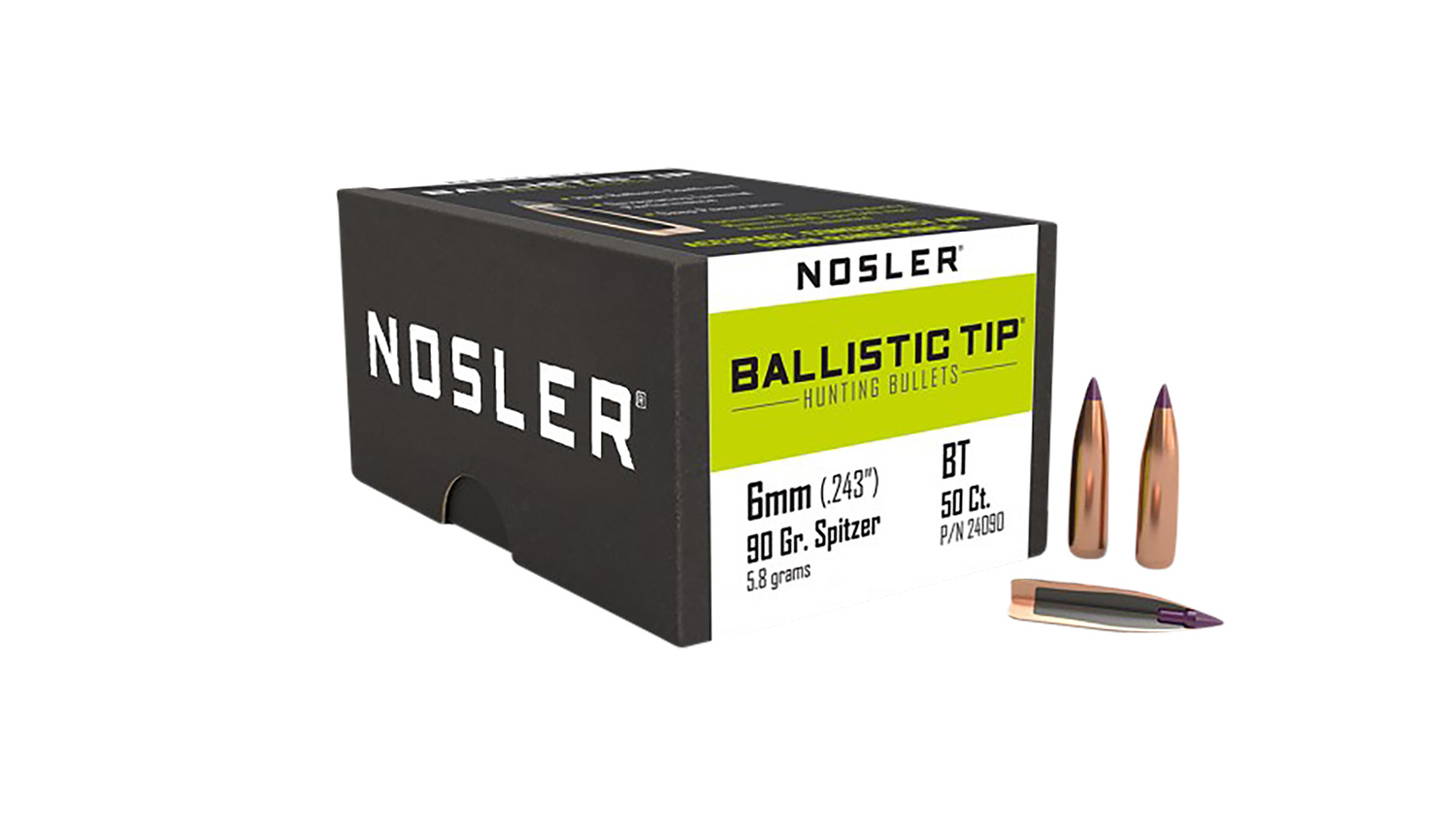 Nosler Ballistic Tip Hunting Rifle Bullets 6mm .243" 90 gr SBT-BTIP 50/ct