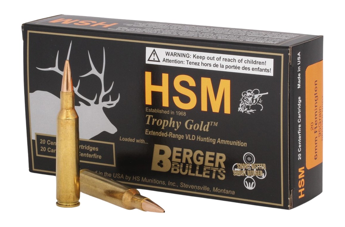 HSM 6REM95VLD Trophy Gold Extended Range 6mm 95 gr Berger Hunting VLD Match 20 Per Box/ 25 Case
