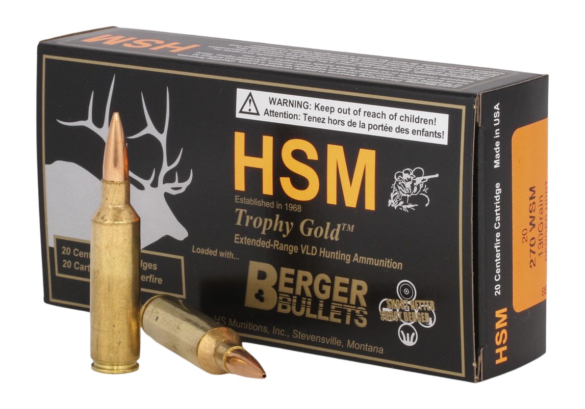 HSM 270WSM130VLD Trophy Gold Extended Range 270 WSM 130 gr Berger Hunting VLD Match 20 Per Box/ 25 Case