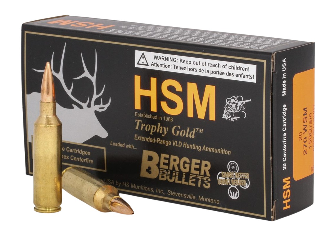 HSM 270WSM150VLD Trophy Gold Extended Range 270 WSM 150 gr Berger Hunting VLD Match 20 Per Box/ 25 Case