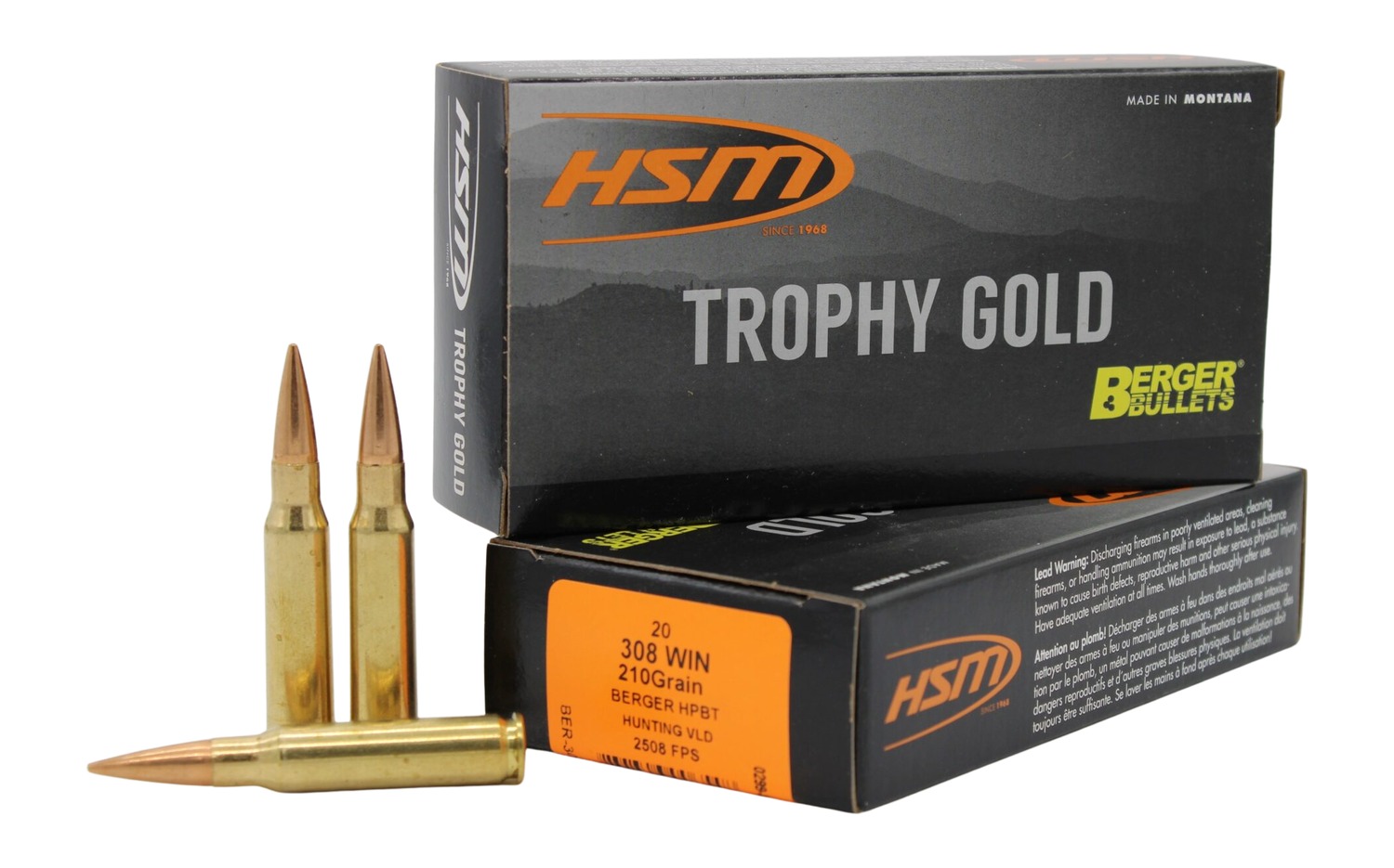 HSM 308210VLD Trophy Gold Extended Range 308 Win 210 gr Berger Hunting VLD Match 20 Per Box/ 25 Case