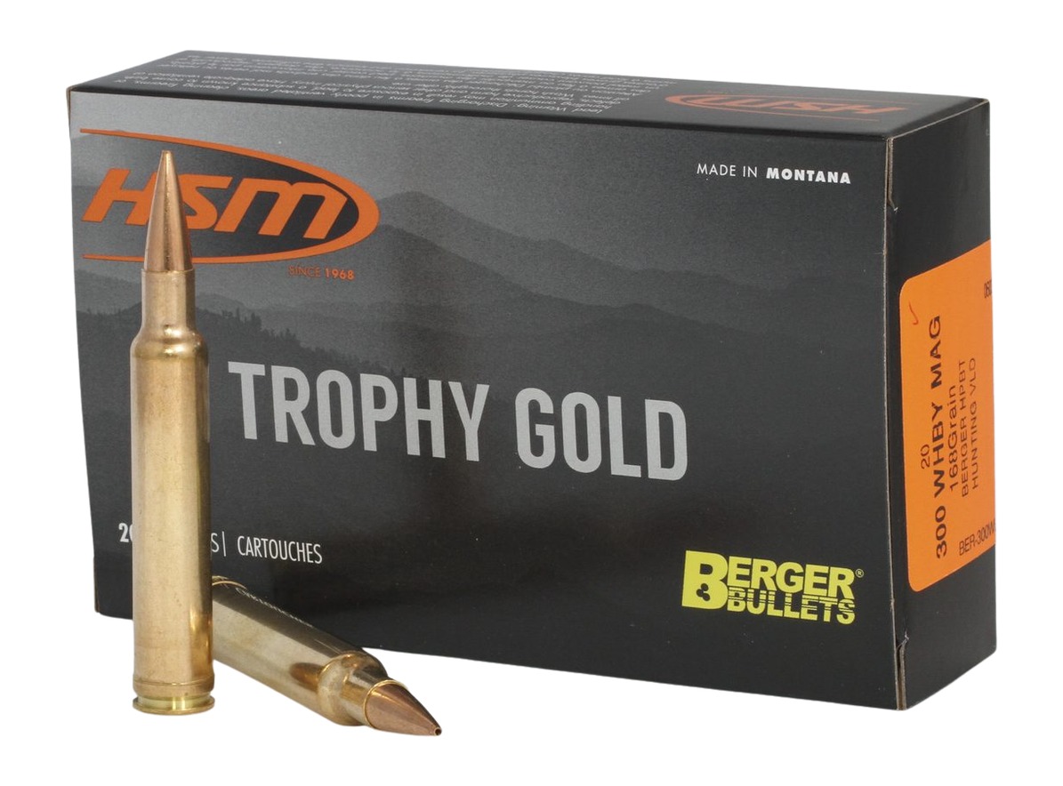 HSM 300WBY168VLD Trophy Gold Extended Range 300 Wthby Mag 168 gr Berger Hunting VLD Match 20 Per Box/ 20 Case