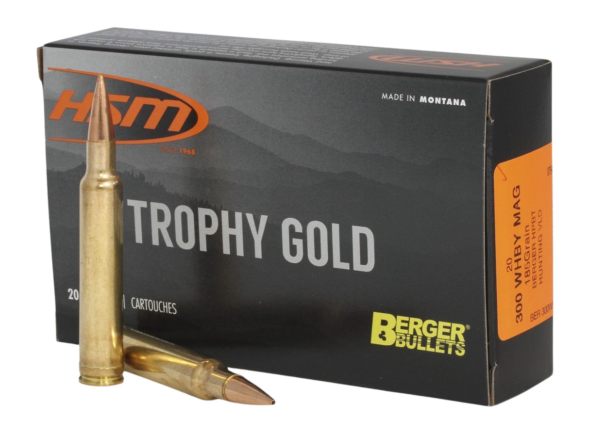 HSM 300WBY185VLD Trophy Gold Extended Range 300 Wthby Mag 185 gr Berger Hunting VLD Match 20 Per Box/ 20 Case
