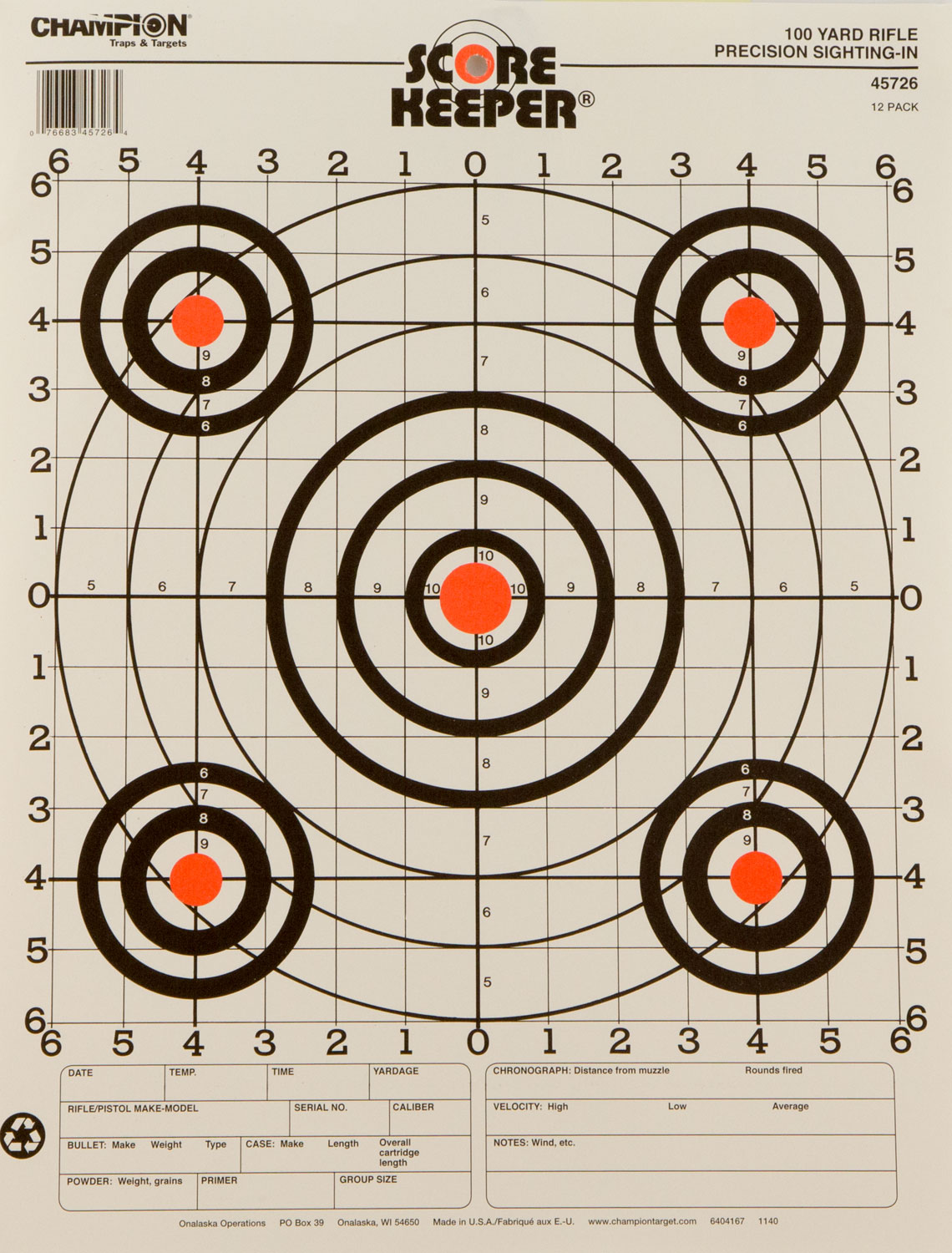 Champion Targets 45726 Score Keeper Bullseye Paper Hanging 100 yds Pistol/Rifle 14" x 18" Multi-Color 12 PK