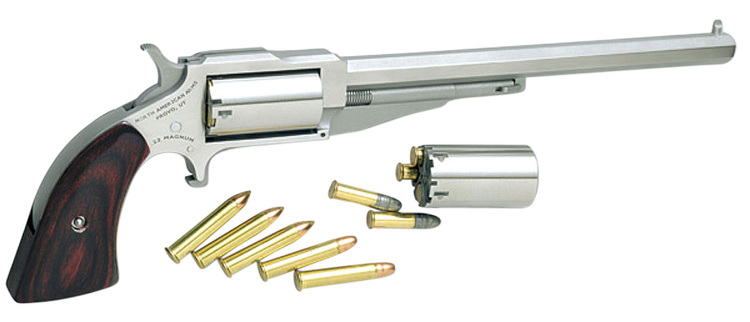 North American Arms 18606C Earl Hogleg *CA Compliant 22 LR/22 Mag 5 Shot 6" Satin Steel Barrel & Frame/Stainless Cylinder/Rosewood Boot Grips