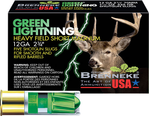 Brenneke SL122HFSGL Green Lightning Heavy Field 12Gauge 2.75" 1 1/4oz Slug Shot 5 Per Box/50 Case