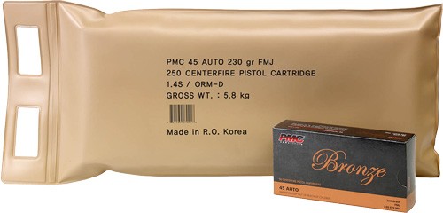 PMC Bronze Handgun Ammunition Battle Pack .45 ACP 230 gr FMJ 830 fps 250/ct (5-50/ct)