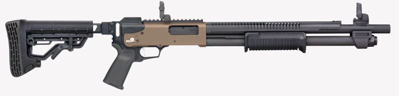 Mossberg 50233 590R 12 Gauge Pump 3" 6+1 18.50" Black Parkerized Integrated Heat Shield Barrel, Flat Dark Earth Cerakote Receiver w/Picatinny Rail, Black Chisel Folding Synthetic Stock, Black Magpul